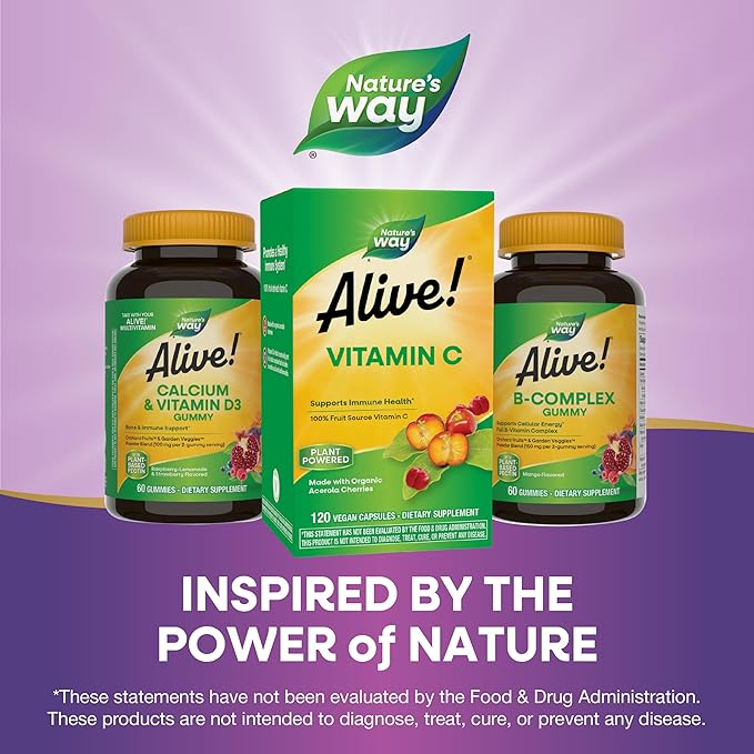 Nature's Way Alive! Vitamin C Supplement Made with Organic Acerola Cherries Immune Support* Antioxidant Support* 100% Fruit Source Vitamin C 120 Capsules (Packaging May Vary)