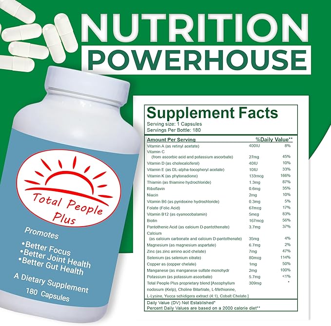 Total People Plus - Multivitamin &amp Minerals for Adults - Dietary Supplements Rich in Major Minerals with Mix of Vitamins A D and E - Boosts Energy and Vitality - 180 Capsules