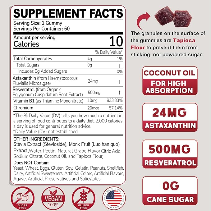 Astaxanthin Supplements 24mg Gummies with Resveratrol Vitamin B1 Coconut Oil - Algae Organic Antioxidants for Men &amp Women Healthy Aging Skin Eyes Immune - Vegan Sugar-Free Non-GMO 120 Serv