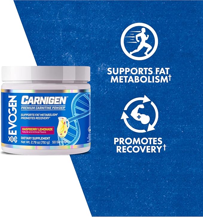 Evogen Carnigen - Premium Carnitine Powder | Supports Fat Metabolism &amp Promotes Recovery | Stimulant-Free L Carnitine Supplement Matrix with Acetyl L-Carnitine | Raspberry Lemonade | 50 Servings