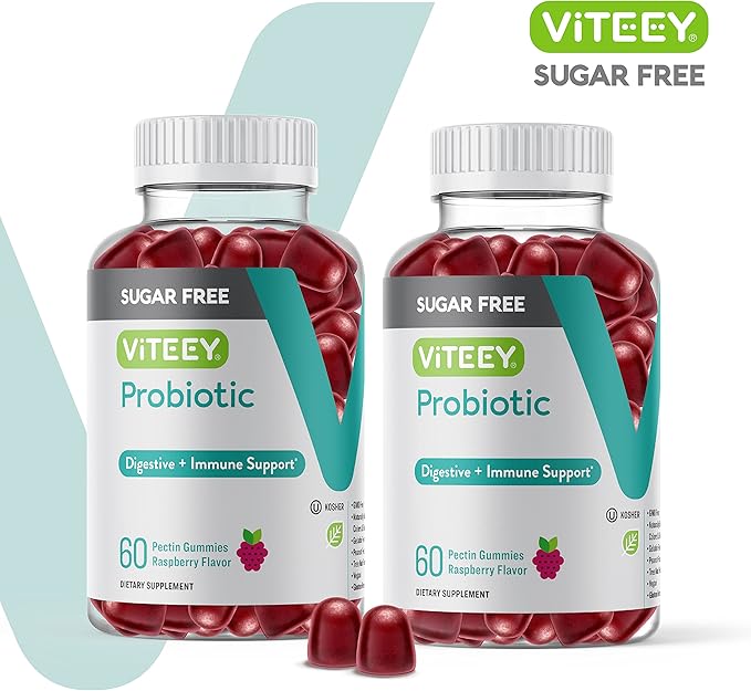 Viteey Probiotic Gummies for Women Men &amp Teens 2 Billion CFUs - Sugar Free - Immune Booster Digestive Support Gut Health - Vegan Gelatin Free GMO Free - Tasty Chewable Raspberry Flavored Gum