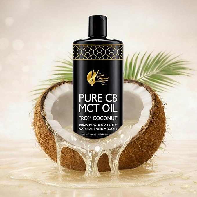 Cocó March N.M.D. Pure C8 MCT Oil from Coconut for Energy Metabolism &amp Brain Support Keto &amp Fasting Friendly Gluten-Free Vegan &amp Unflavored - Perfect in Coffee Tea &amp Smoothies 32