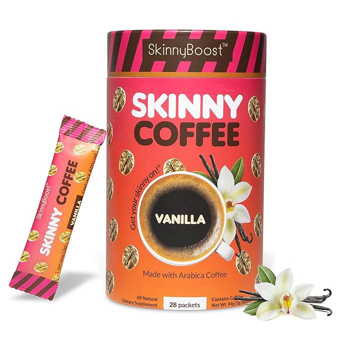 Skinny Boost Instant Skinny Coffee Sticks (Vanilla) - Made with Arabica Coffee Beans Garcinia Cambogia Green Tea Extract B Vitamins Fiber and Prebiotics –Sugar Free-Keto Friendly (28 Packets)