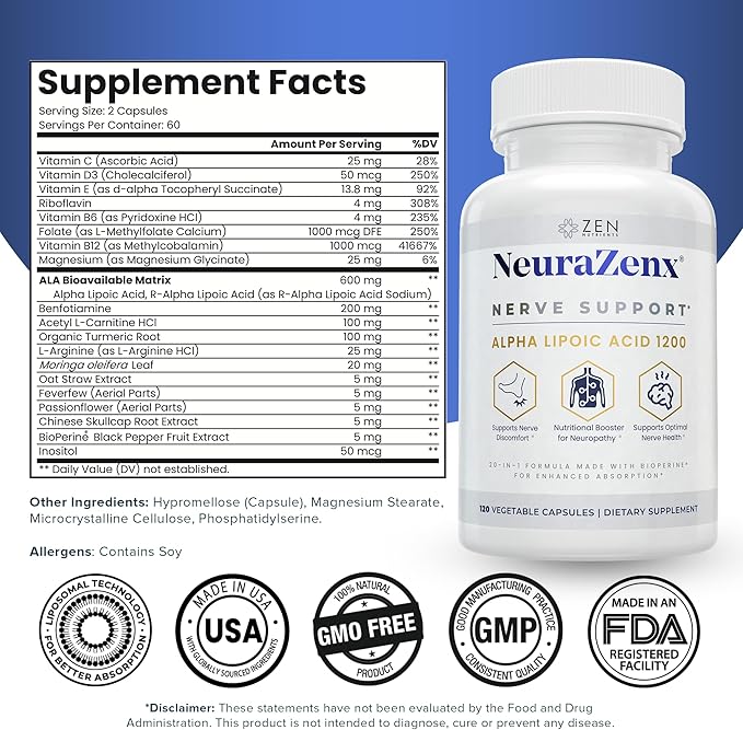 Zen Nutrients NeuraZenX Nerve Support &amp Peripheral Neuropathy Support Supplement with 1200mg Alpha Lipoic Acid (ALA) Benfotiamine L-Carnitine and Turmeric