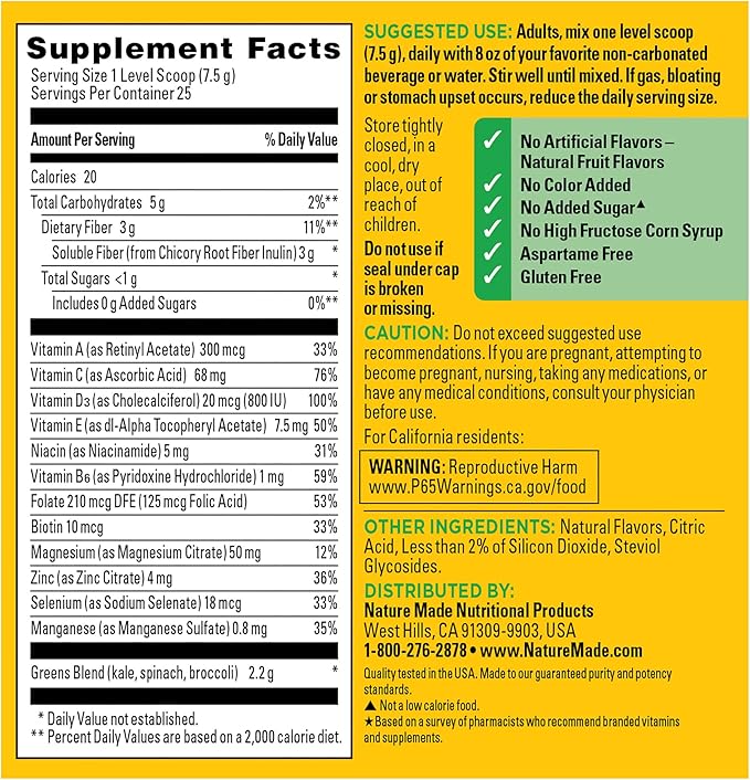 Nature Made Super Greens Powder with Prebiotic Fiber Drink Mix Made with 1 Cup Veggies Per Serving Fiber Supplement + Vitamins and Minerals 25 Day Supply