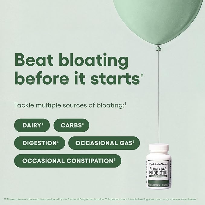 Physician's CHOICE Bloat &amp Gas Probiotic 5-in-1 Proactive Support + Daily Relief - Digestion &amp Gut Health- Herbals Digestive Enzymes Post &amp Prebiotics - Gas Relief for Adults - Women &am