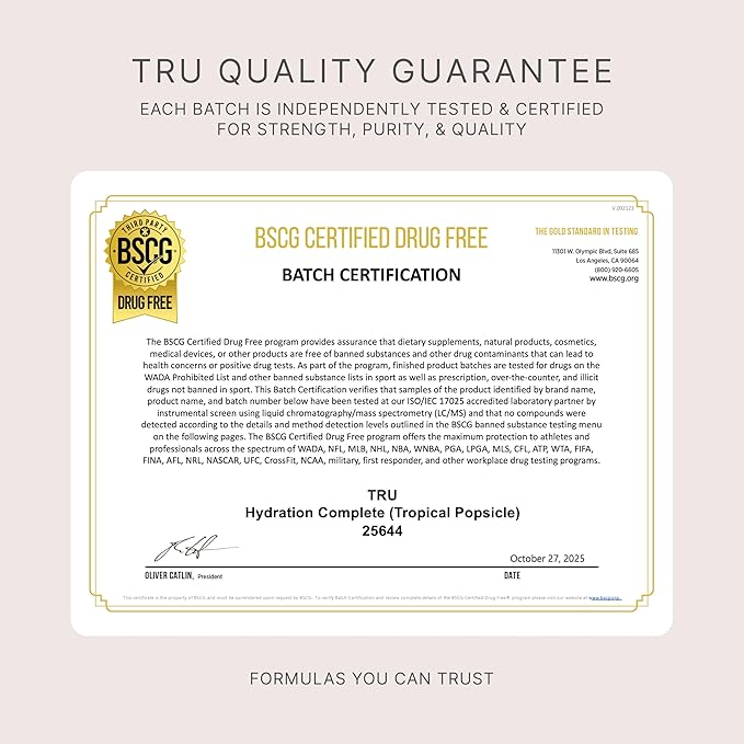 TRU Supplements Hydration Complete BCAA Plant Based Amino Acids + Pink Himalayan Salt Electrolytes &amp L-Carnitine Vegan Zero Calories No Artificial sweeteners 24 Servings Tropical Popsicle