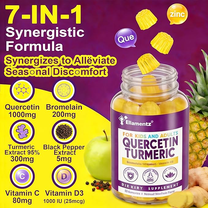 ELLAMENIZ Quercetin Gummies 1000mg for Kids &amp Adults with Bromelain and Turmeric Black Pepper Extract Vitamin C Zinc &amp D3 –Seasonal &amp Immune Health Antioxidant Support – Family Friendly