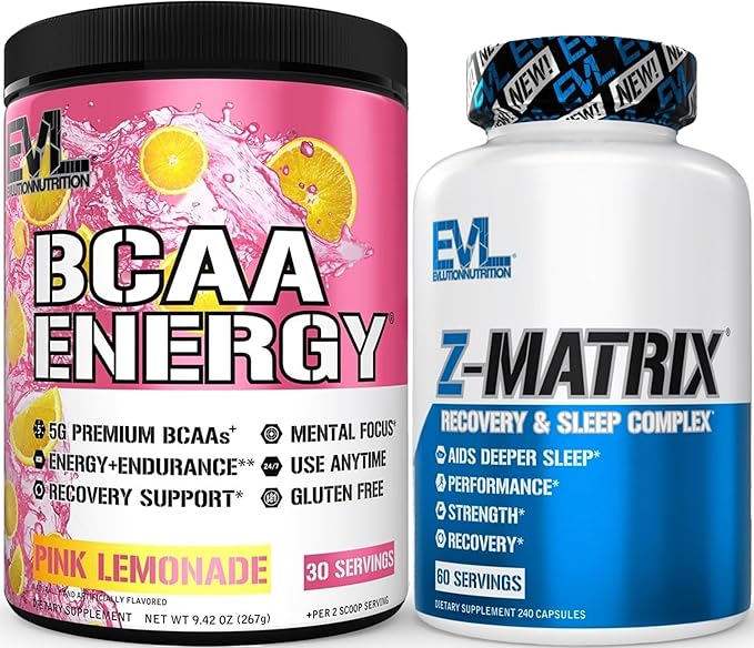 Evlution ZMatrix Magnesium and Zinc Post Workout Supplement (60 Servings) Plus Replenishing BCAAs Amino Acids Powder for Pre &amp Post Workout (Pink Lemonade 30 Servings)