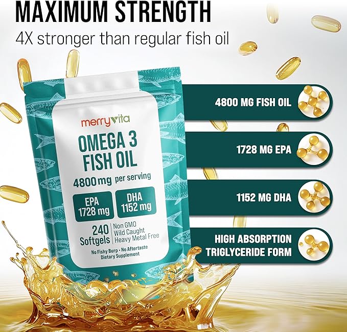 Omega 3 Fish Oil 4800 mg – EPA 1728 mg | DHA 1152 mg from Wild-Caught Anchovies – Burpless Mini Softgels – Pure Omega-3 Fatty Acid Supplement – Non-GMO Gluten-Free No Aftertaste – 240 Capsules