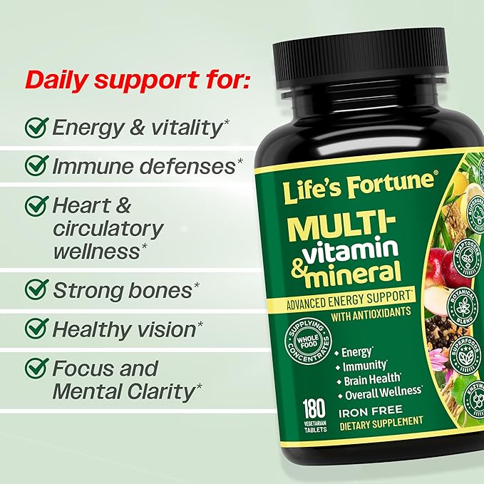 Life's Fortune Whole Food Multivitamin &amp Mineral Supplement for Men &amp Women – Energy Support Vitamins for Immune Brain &amp Metabolism Support – Iron Free 180 Vegetarian Tablets