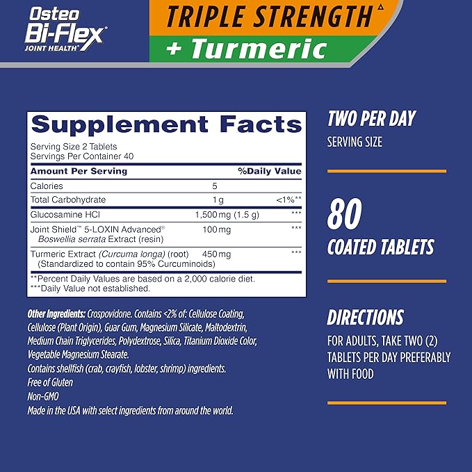 Osteo Bi-Flex Triple Strength Glucosamine with Turmeric Joint Health Supplement Coated Tablets Original Version 80 Count (Pack of 2)