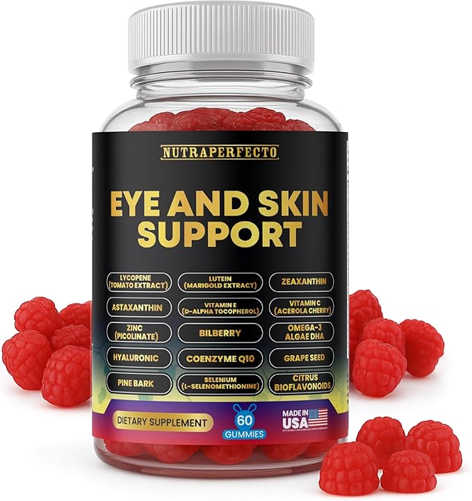 Eye &amp Skin Support Gummies – Lutein 20mg Zeaxanthin Lycopene Astaxanthin CoQ10 Omega-3 DHA Hyaluronic Acid Vitamin C &amp E – Vision &amp Skin Hydration Chewables with Antioxidant Botanic