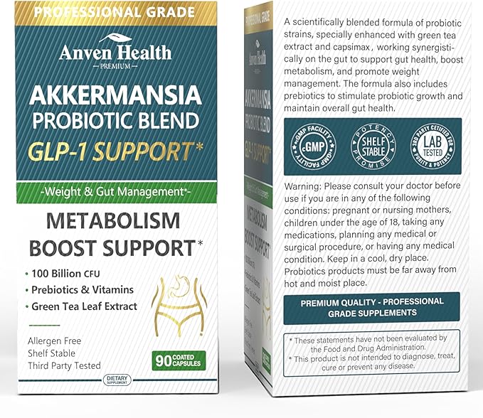 GLP-1 Supplement 100 Billion Akkermansia Probiotic &amp Prebiotic for Gut Health &amp Digestion Metabolism &amp Energy Support with Vitamin B2 &amp D Green Tea and Chromium - Non-GMO | 180 Capsu