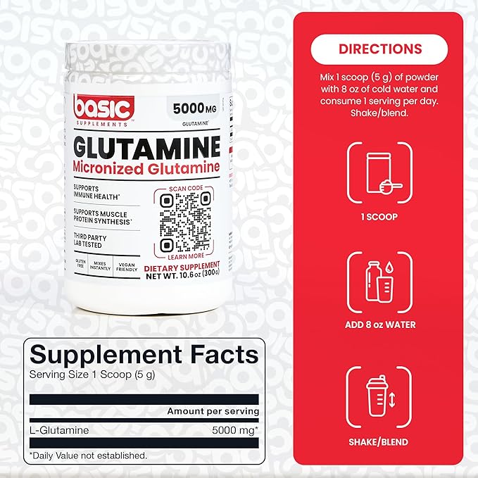 Basic Glutamine Powder 5000mg L-Glutamine for Muscle Recovery Immune Support Protein Synthesis Vegan Gluten-Free Unflavored 60 Servings