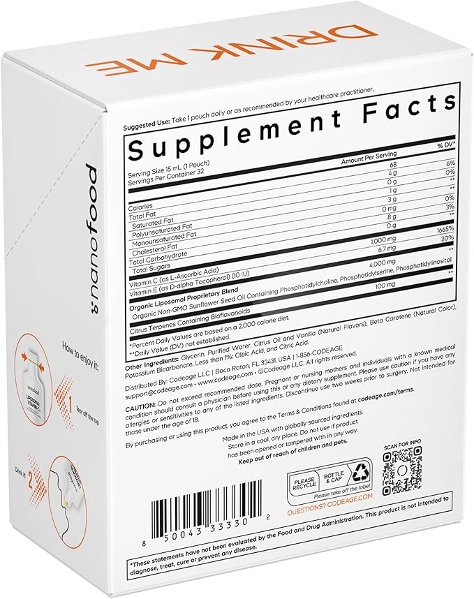 Codeage Liposomal Vitamin C Liquid 1000mg Vitamin C 4000mg Essential Phospholipids Supplement For Daily Immune Support Liposomes For Absorption Citrus Bioflavonoids Vitamin E Non-GMO 32 Pouches