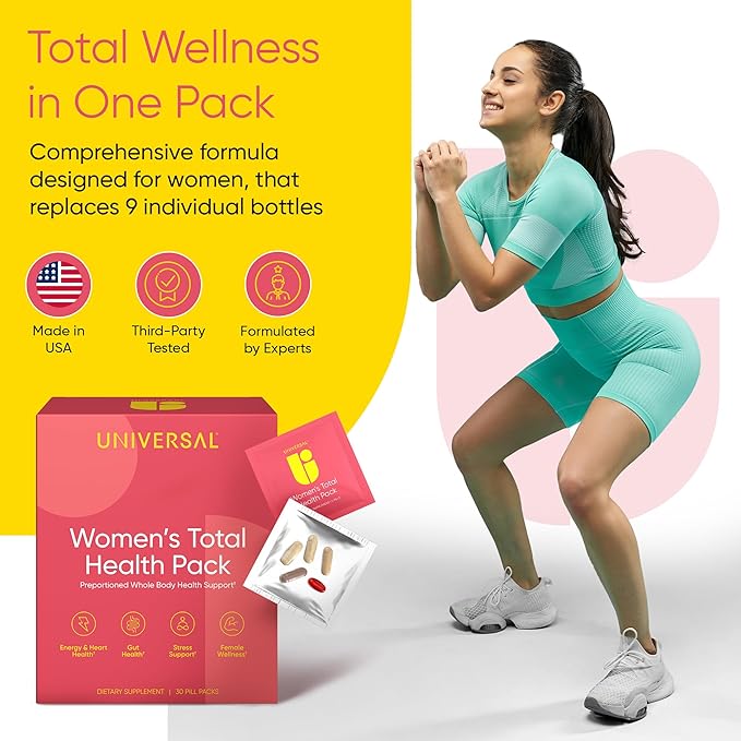 Women's Total Health Daily Vitamin Packs - All in One Multivitamin for Women Essential Vitamins &amp Minerals for Energy Stress Digestion &amp Gut Health Female Wellness Supplement 30 Packets