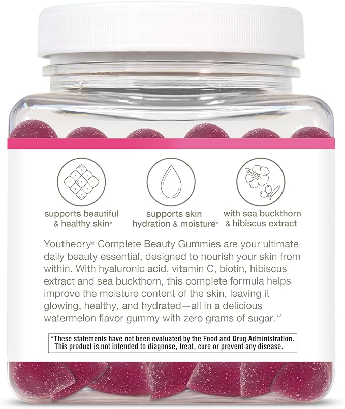 Youtheory Complete Beauty Gummies Watermelon Flavor Featuring hyaluronic Acid biotin &amp Vitamin C 60 Vegetarian Gummies