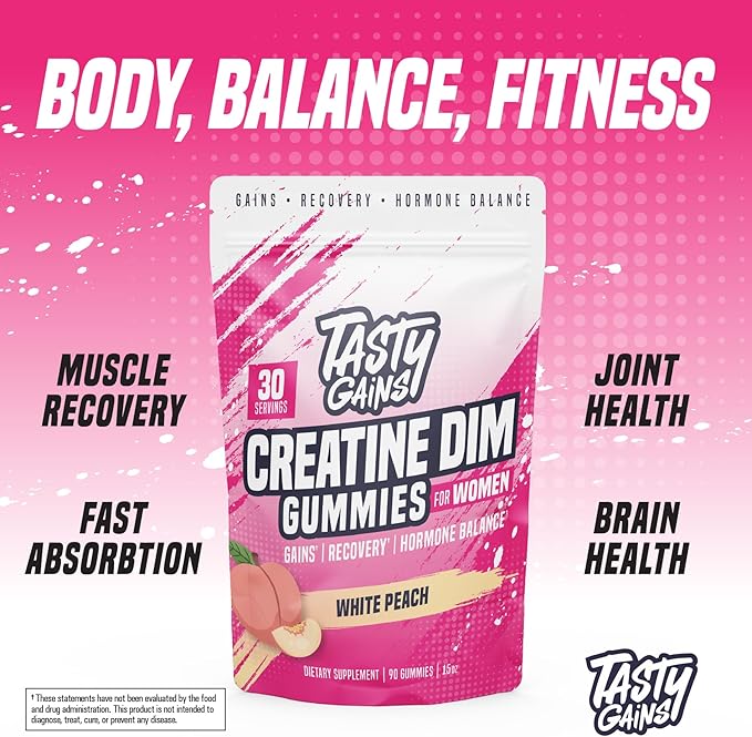 Creatine Gummies for women | 3g Creatine Monohydrate Per Serving | DIM Supplement 100 mg | Estrogen Balance for Women | Hormonal Acne Hormone Balance Glute Builder (90 Count Pineapple Mango)