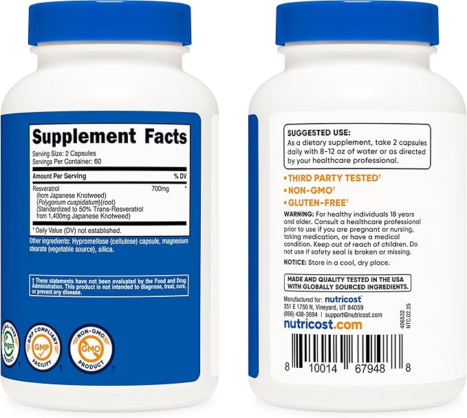 Nutricost Resveratrol 700mg 120 Vegetable Capsules - 50% Trans-Resveratrol (2 Bottles)