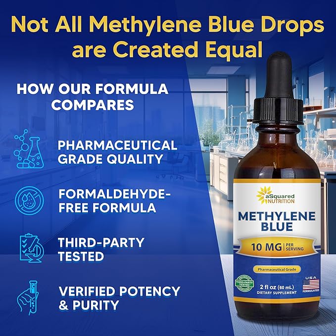 aSquared Nutrition Methylene Blue Drops - 1% Pharmaceutical Grade Liquid Supplement for Humans - 10mg USP Grade w/Vitamin C - No Formaldehyde - Brain &amp Energy Alternative to Capsules (2 fl oz)