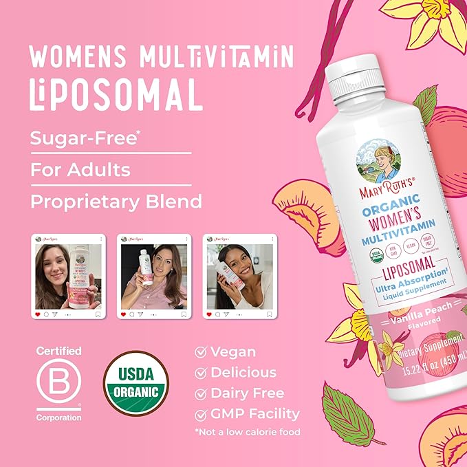 MaryRuth Organics USDA Organic Multivitamin for Women Sugar Free Womens Multivitamin Liquid Vitamins for Women Immune Support Supplement Ashwagandha Methylfolate Vegan Non-GMO 15.22 Fl Oz