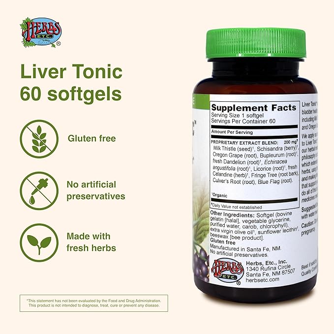 Herbs Etc. Liver Tonic - Gallbladder Health Supplement with Herbal Formula - Aid Overall Liver Health with Milk Thistle Schisandra &amp Oregon Grape - Support a Healthy Liver - 60 Softgels