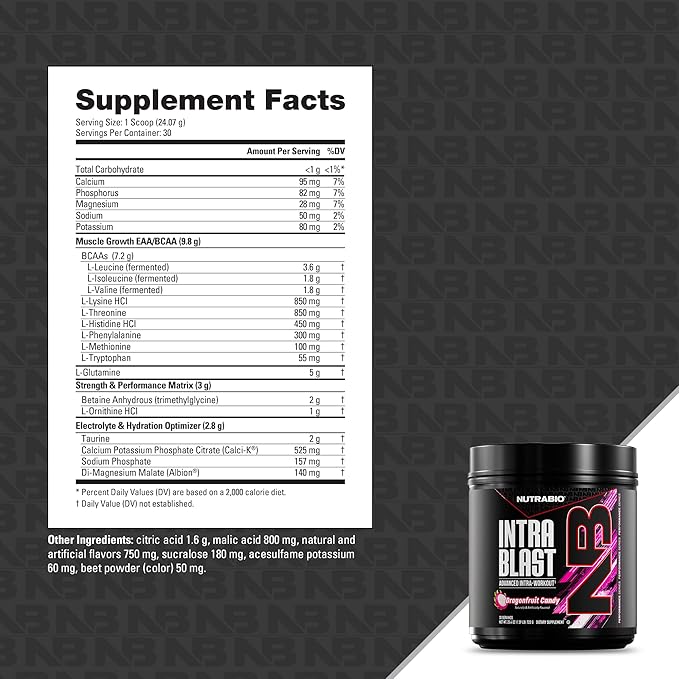 NutraBio Intra Blast Bcaa Powder Amino Acid Supplement Electrolyte &amp Hydration Blend Intra Pre Workout &amp Muscle Recovery 20g Eaa Amino Acids Powder 5g Glutamine- Dragonfruit Candy 30 Ser