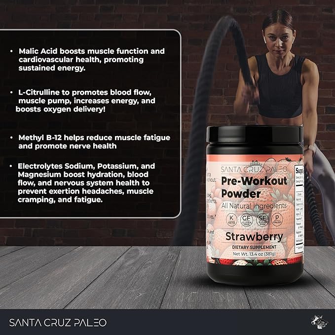 Santa Cruz Paleo Pre Workout Powder Electrolytes Magnesium Potassium Sea Salt &amp L Citrulline Caffeine &amp Sugar Free Preworkout Drink Mix for Energy &amp Hydration Strawberry Flavor 30 Se