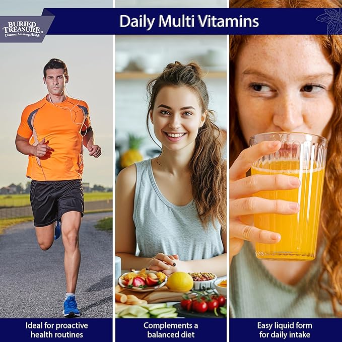 Buried Treasure Daily Nutrition Liquid Multivitamin and Mineral Supplement with Trace Minerals Superfoods Vitamin A B-Complex C D E Methylfolate Biotin Magnesium Zinc Resveratrol 32 serv