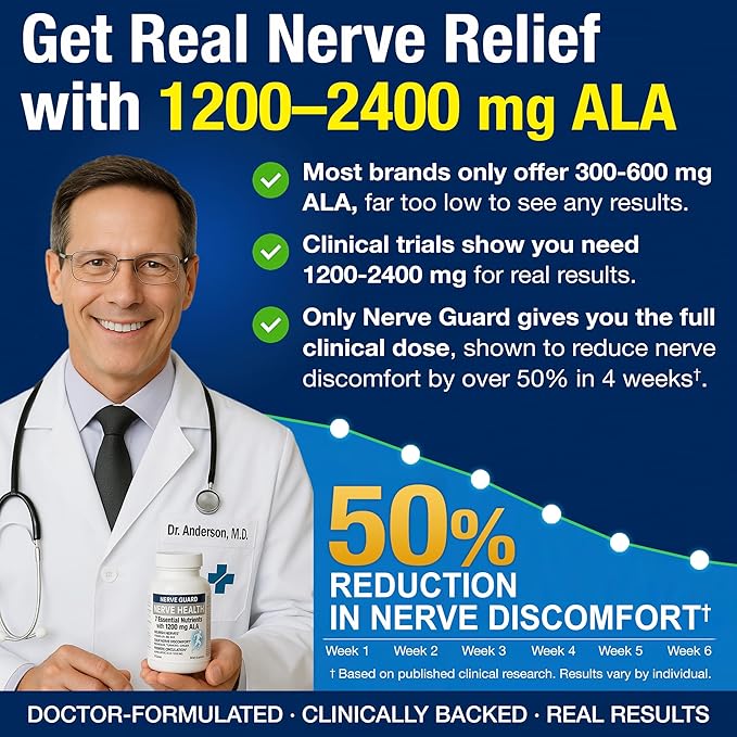 Neuropathy Support Supplement with 1200 mg Alpha Lipoic Acid to Fortify Nerves in Fingers Hands Toes &amp Feet – 1200mg ALA Vitamins B12 B6 &amp B1 Magnesium – 30 Capsules