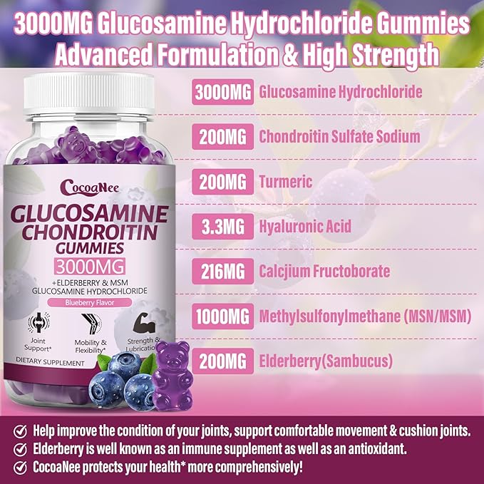 2 Packs 3000MG Glucosamine Chondroitin Gummies Extra Strength Joint Support Supplement with MSM &amp Elderberry Flexibility Antioxidant Immune Support Gummy for Adults Men &amp Women 120Cts