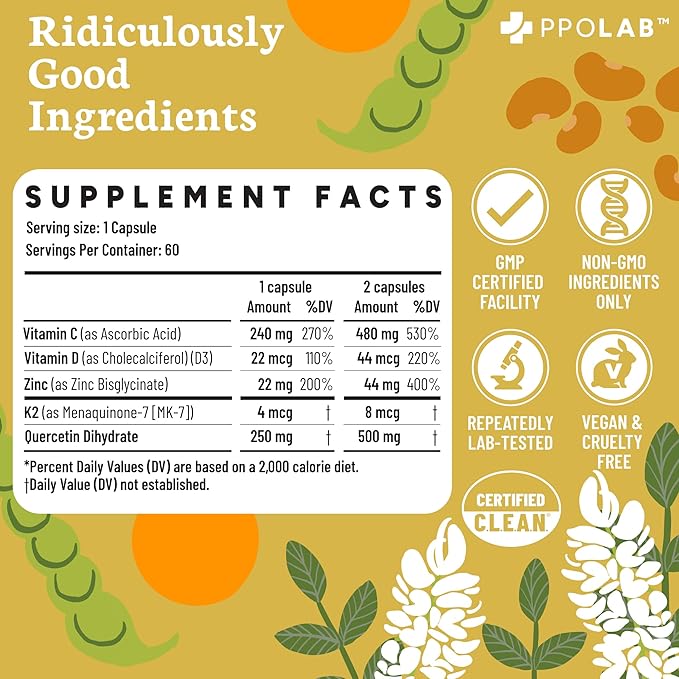 PPO Lab® Immune-fx™ Advanced Zinc Ionophore One-A-Day Immune Support Supplement with Zinc Bisglycinate Quercetin Vitamin C D3 K2 for Respiratory Heart Histamine Antioxidant Health 60 Capsules