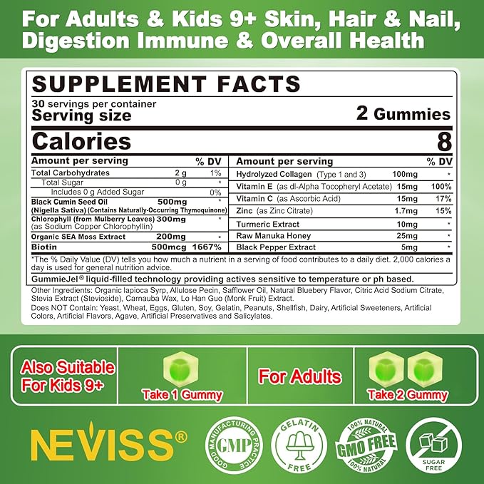 Black Seed Oil Gummies for Adults &amp Kids 9+ Chlorophyll &amp Sea Moss Supplement Biotin with Hydrolyzed Collagen for Skin Hair &amp Nails Vit E C Zinc for Immune Overall Health Organic C