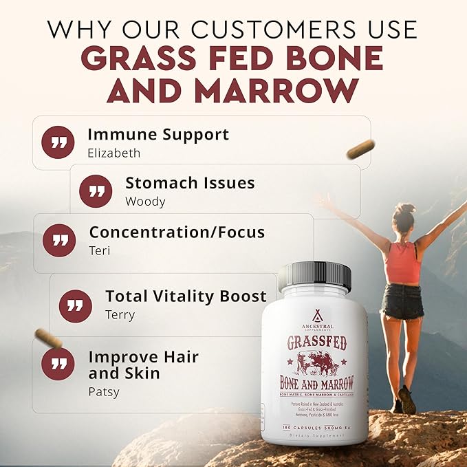 Ancestral Supplements Grass Fed Beef Bone and Marrow Supplement 3000mg Skin Oral Health and Joint Support Supplement Promotes Whole-Body Wellness Non GMO Whole Bone Extract 180 Capsules