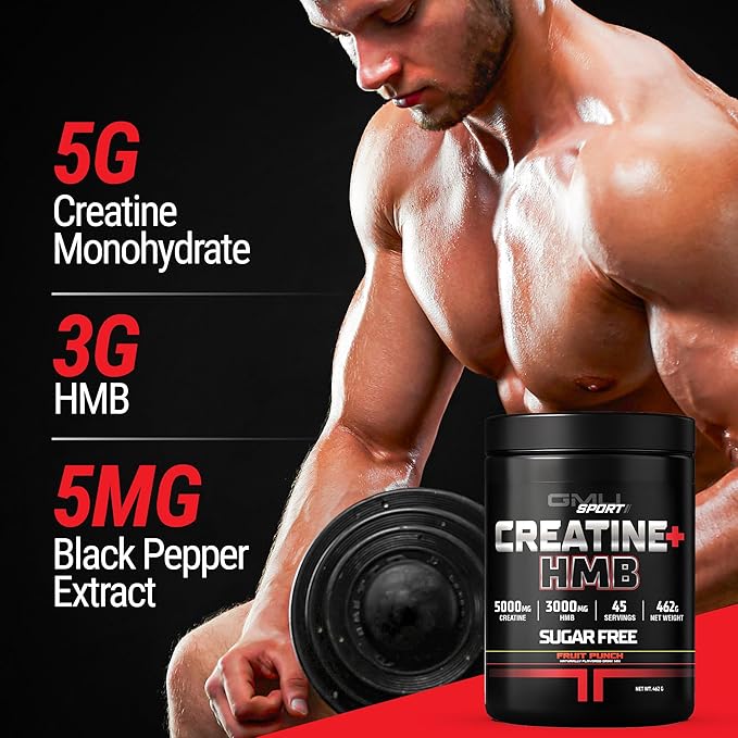 GMU SPORT Creatine HMB Powder – 45 Servings – 5g Creatine Monohydrate + 3g HMB + Piperine – Muscle Growth Strength &amp Recovery – Fruit Punch