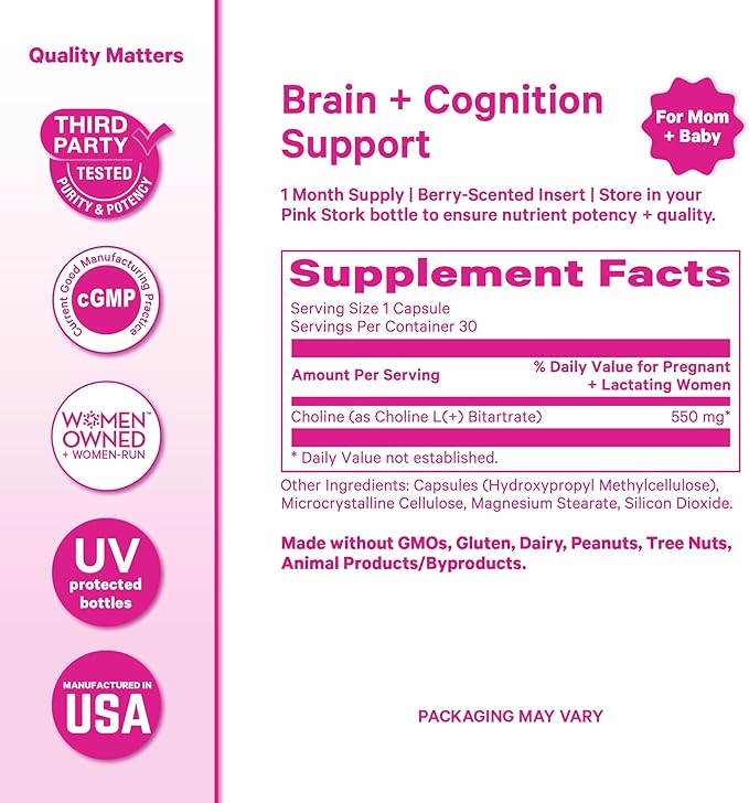 Pink Stork Choline - 550 mg Choline Bitartrate from VitaCholine for Pregnant + Postpartum Moms - Prenatal Vitamin for Fetal Cognitive Health + Breast Milk Quality - 1 Capsule Daily 30 Count