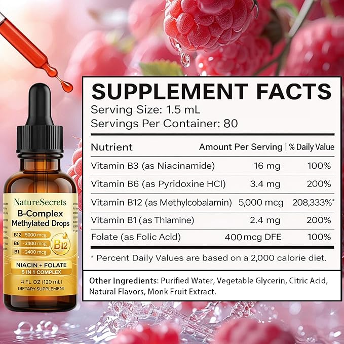 NATURESECRETS B-Complex Methylated Drops with B12 B6 B1 Fast Sublingual Absorption Essential B Vitamins for Energy &amp Nervous System Support Raspberry Flavor 120 mL / 4 fl oz