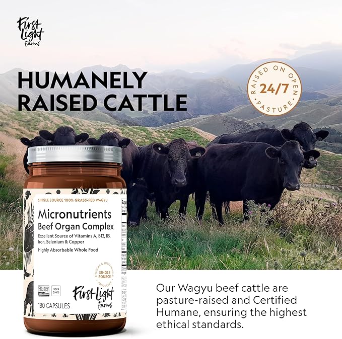 First Light Farms Freeze-Dried Wagyu Beef Organ Supplement Grass-Fed | 180 Capsules | Whole Food Nutrition with Liver Heart Kidney &amp Spleen | Beef Organ Complex Certified Humane