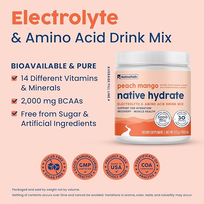 NativePath Native Hydrate Zero Sugar Electrolytes Powder with BCAAs Peach Mango Hydration Keto &amp Paleo Friendly 30 Servings (Pack of 2)