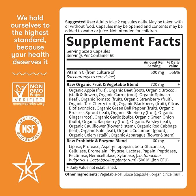 Garden of Life Vitamin Code Raw Vitamin C - 120 Capsules 500mg Whole Food Vitamin C Capsules + Fruit &amp Veggie Blend &amp Probiotics Supplements for Adults Vegan Gluten Free