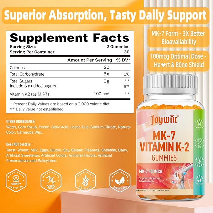 Vitamin K2 MK-7 Gummies 100mcg Extra Strength K2 Vitamin Supplement for Bone &amp He-Art Support Chewable Natural Orange Flavor Non GMO Vegan 60 Gummies