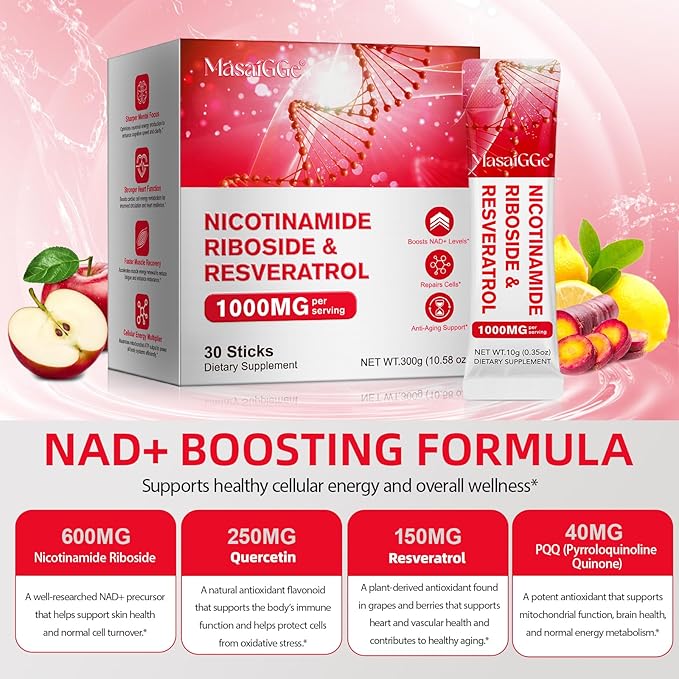 NAD 1000mg Liquid 30 Packets NAD Liquid Supplement NAD Supplements for Women Premium Nicotinamide Riboside &amp Resveratrol Boosts Cellular Energy