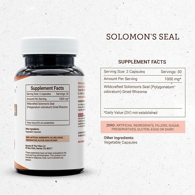 Secrets of the Tribe Solomon's Seal 60 Capsules 1000 mg Wildcrafted Solomon's Seal (Polygonatum odoratum) Dried Rhizome (60 Capsules)