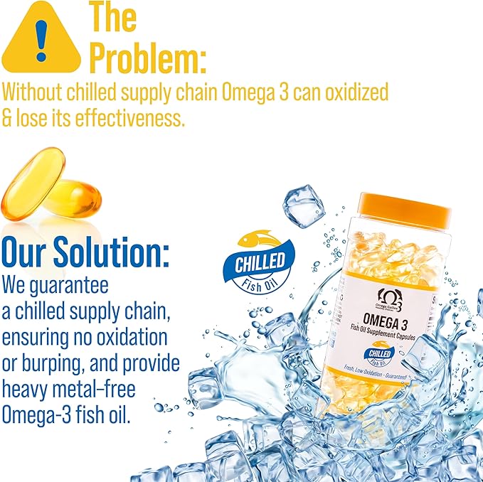 No more Omega 3 fish oil Oxidation Problem We solved it with Cold-Packed for Freshness &amp Potency. Triple Strength Chilled Heavy Metal Free Omega 3 Supplement for Heart &amp Brain Support 200