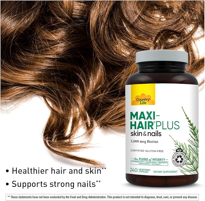 Country Life Maxi-Hair Plus Biotin Supports Healthy Hair Skin and Nails Daily Supplement 240 ct