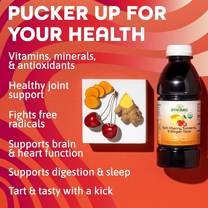 Dynamic Health Tart Cherry Juice Tonic with Turmeric &amp Ginger | Vegetarian and Kosher | Key Compounds | 16 Fl Oz