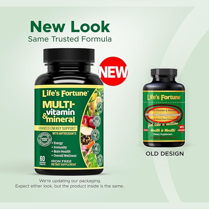 Life's Fortune Whole Food Multivitamin &amp Mineral Supplement for Men &amp Women | Daily Energy Support Vitamins | Immune Brain &amp Metabolism Support | Iron Free 60 Vegetarian Tablets