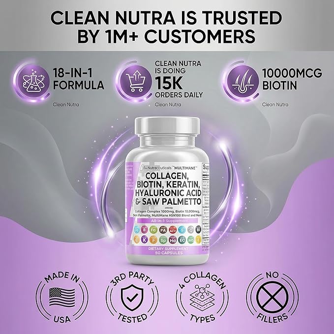 Clean Nutraceuticals Collagen Pills 1000mg Biotin 10000mcg Keratin Saw Palmetto Hyaluronic Acid - Hair Skin &amp Nails Vitamins &amp DHT Blocker with Vitamin E Folic Acid Pumpkin Seed MSM - 90 Count