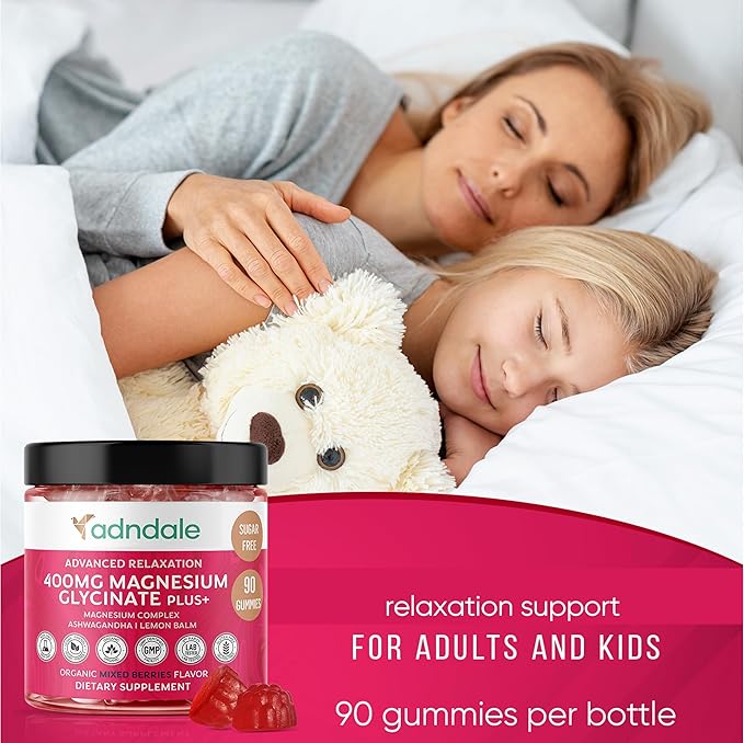 Adndale 180 CT Magnesium Glycinate Gummies 400 mg/Serv with Ashwagandha Magnesium Malate &amp Taurate Sugar Free Chews for Adults &amp Kids